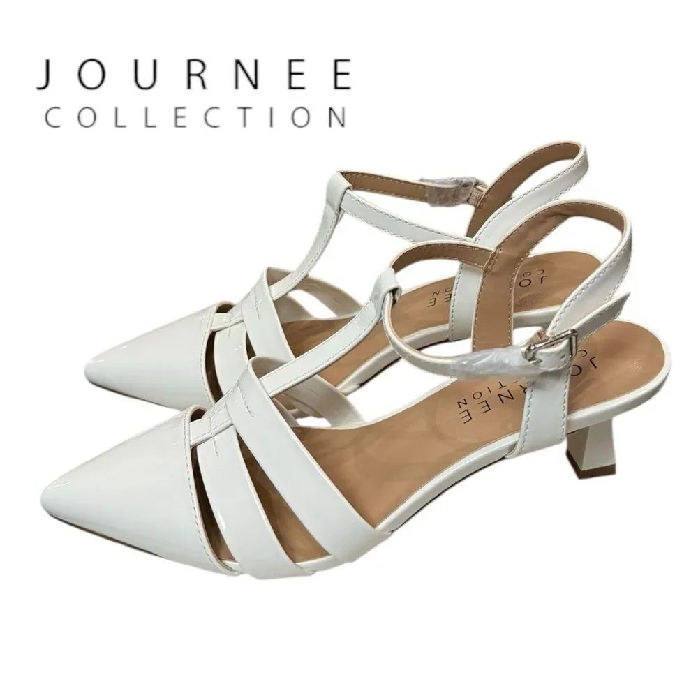 New Journee Collection Jazlynn T-Strap Kitten Heel White Patent Sandals 6.5